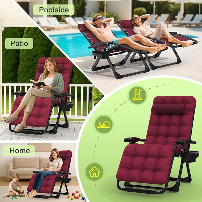 Suteck Zero Gravity Chair, Reclining Camping Lounge Chair w/Removable Cushion, Upgraded Lock and Cup Holder, Reclining Patio Chairs Folding Recliner for Indoor and Outdoor, Claret