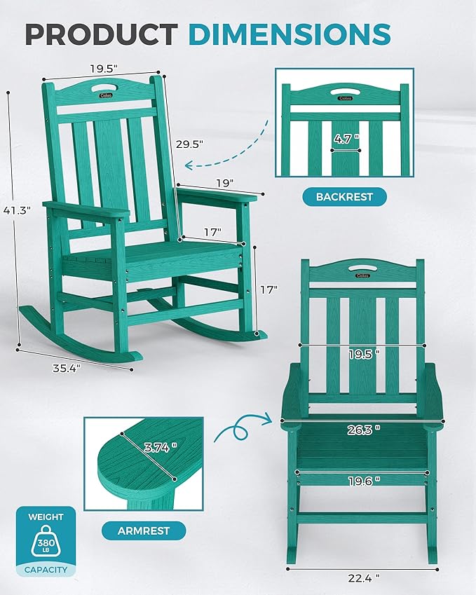Ciokea Oversized Outdoor Rocking Chairs Set of 3, 380lbs Heavy-Duty Large Patio Rocker, High Back Cozy Porch Chairs, Weather Resistant Patio Rocking Chairs for Outside, Fire Pit, Deck, Aruba Blue