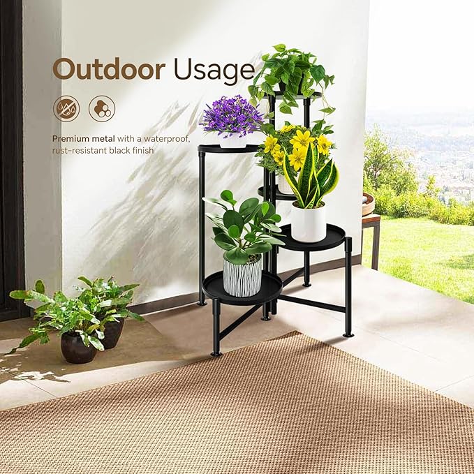 5 Tier Plant Stand Indoor, Metal Corner Plant Shelf Outdoor, Foldable Tall Plant Rack for Mutiple Plants, Flower Pot Holder Display Stand for Living Room Patio Home Decor for Gatdening