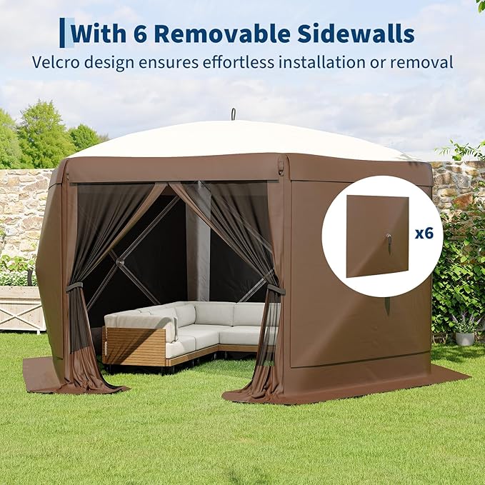 11.5x11.5FT 6-Sided Pop Up Gazebo Tent，One-Push Setup Canopy Tent with Mesh Panels & Removable Wind Cloths, Outdoor shelter for Camping, Backyard Parties, Outdoor Events - Beige & Khaki