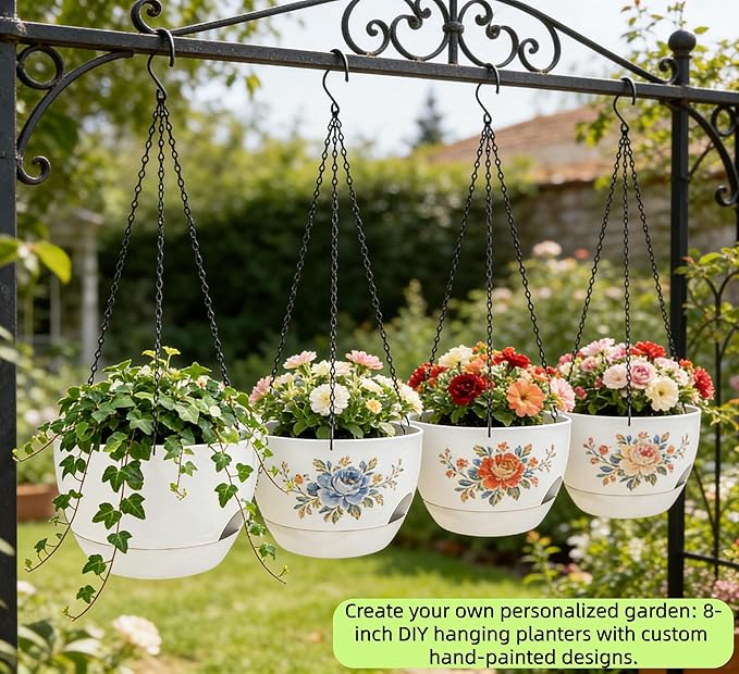 Set of 2-8 Inch Self Watering Hanging Planters for Indoor Outdoor，Hanging Plant Pots with Drainage & Removable Tray, Hanging Pots Holder for Ivy, Pothos, Ferns, Balcony & Patio, White
