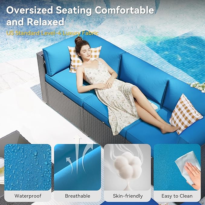 Aoxun Patio Furniture Set with Fire Pit Table, 8 Piece Outdoor Sectional Sofas, Wicker Rattan Outdoor Furniture with Thickened Cushion for Backyard, Garden Peacock Blue