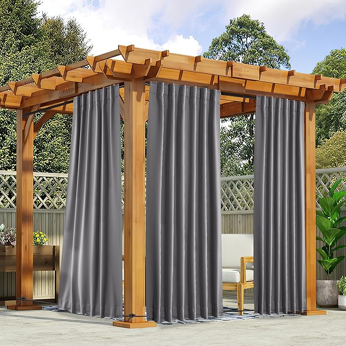 NICETOWN 2 Panels Grey Outdoor Curtains Waterproof Extra Long for Patio, Windproof Top & Bottom Pocket & Back Tab Weighted Blackout Outdoor Drapes Keep Privacy with Rope for Fixed, W52 x L108