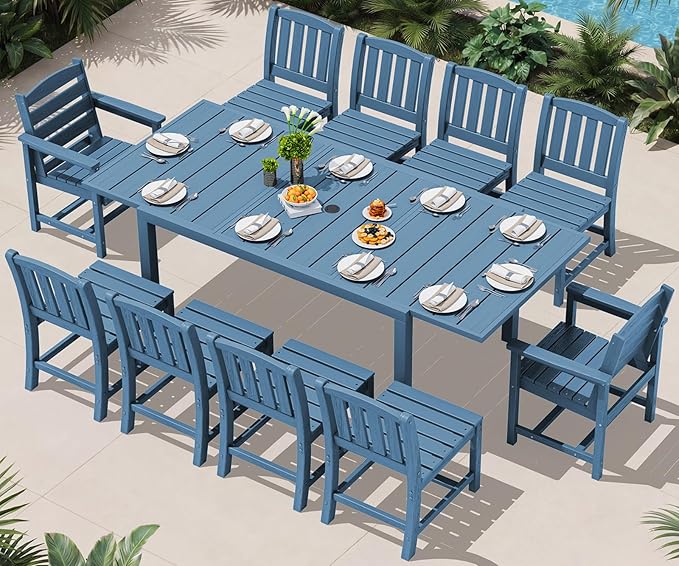 SERWALL 11-Piece Outdoor Dining Set, 60" - 83" Expandable Outdoor Dining Table and 10 HDPE Chairs, All Weather HDPE Outdoor Furniture Set for Backyard, Garden, Blue