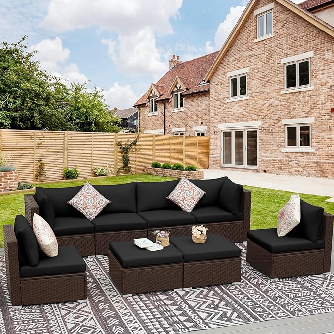 NICESOUL 8 Seater Modern Outdoor Seating Group, Plus Size Big Wicker Patio Modular Sectional with Ottoman, 29.3'' High Back Comfy Conversation Sets for Outside, Brown Rattan and Black Cushion