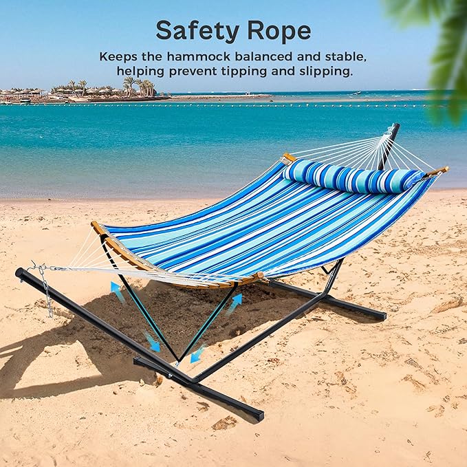 SUPERJARE Hammock with Stand, 2 Person Heavy Duty Hammock with Padded Cotton, Detachable Pillow & Strong Curved-Bar & Portable Carrying Bag, Perfect for Outdoor & Indoor, Blue Stripe