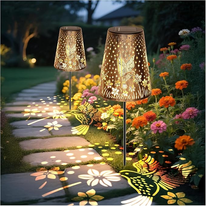 Solar Pathway Lights Outdoor, LED Bright Metal Retro Waterproof, Outside Decorative Hummingbird Lanterns Solar Powered for Path Lawn Patio Yard Walkway (Hummingbird 2P)