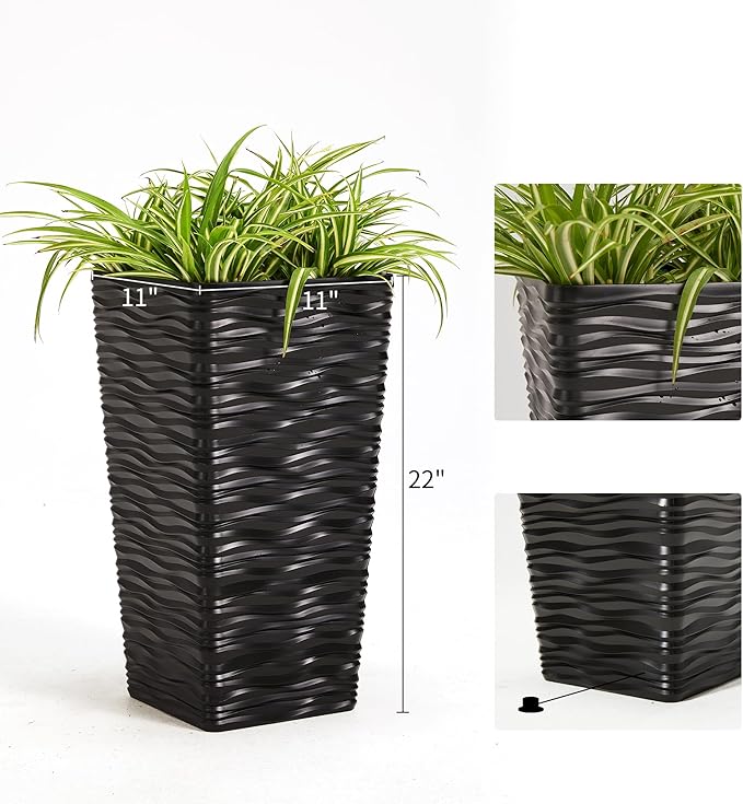 Worth Garden 2-Pack Black Tall Planter - Plastic Square Tapered Tree Plant Pots with Drainage Hole for Indoor Outdoor - 22" H Modern Wavy Finish Decorative Flower Pots for Front Porch Patio Deck