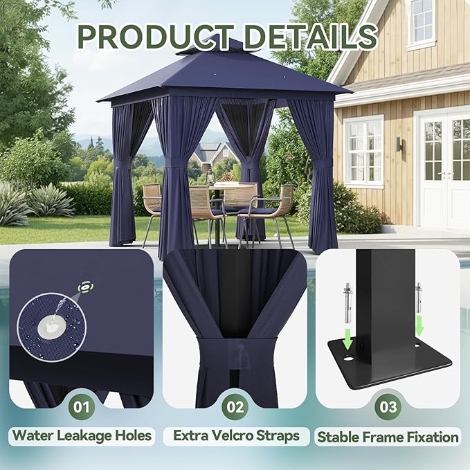 Aoxun Outdoor Gazebo for Patio 8x8 Metal Frame Canopy with Double Roofs Heavy Duty Party Tent and Shelter with Mosquito Netting and Privacy Screen for Backyard, Lawn, Garden, Deck (Navy Blue)