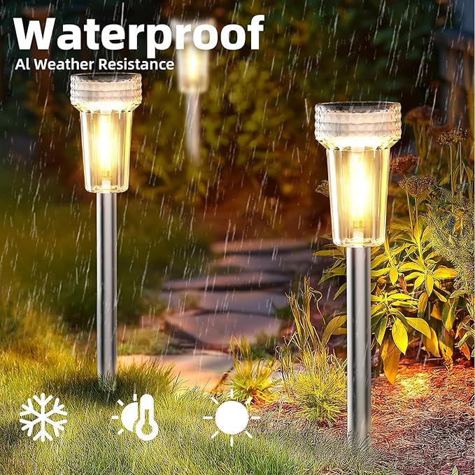DERAYSION 12 Pack Solar Pathway Lights Outdoor, Auto Dusk-to-Dawn Landscape Garden Lighting, Waterproof Stainless Steel Pole Lighting for Path, Yard, Walkway, Garden, Driveway