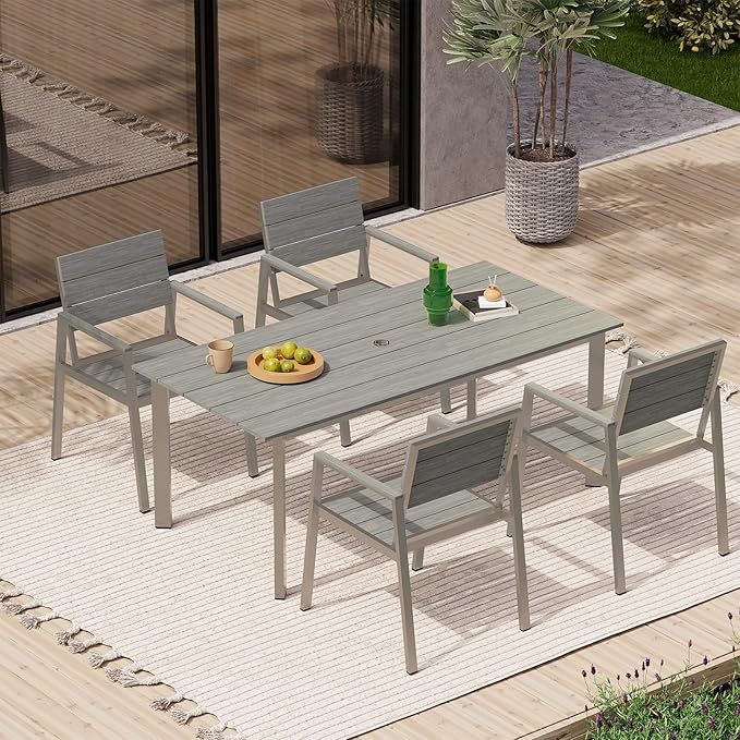 67" Rectangle HDPS Patio Dining Table, Aluminum Outdoor Patio Dining Table with Umbrella Hole, Weather-Resistant for Lawn, Garden, Yard, Poolside and Indoor Use (Gray & Teak)
