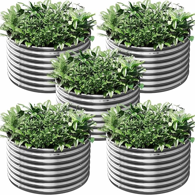 5 Pack 2x2FT Round Corrugated Galvanized Steel Raised Garden Bed Outdoor, Metal Above Ground Garden Bed for Vegetables and Flowers, Raised Beds for Gardening-2x2FTx10Inch