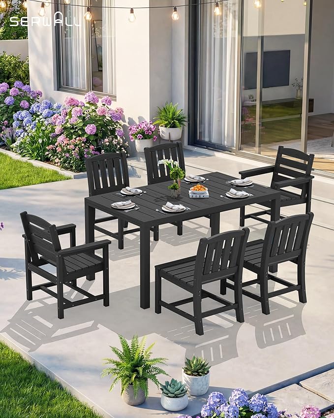 SERWALL 7-Piece Outdoor Dining Set, 60" - 83" Expandable Outdoor Dining Table and 6 HDPE Chairs, All Weather HDPE Outdoor Furniture Set for Backyard, Garden, Black