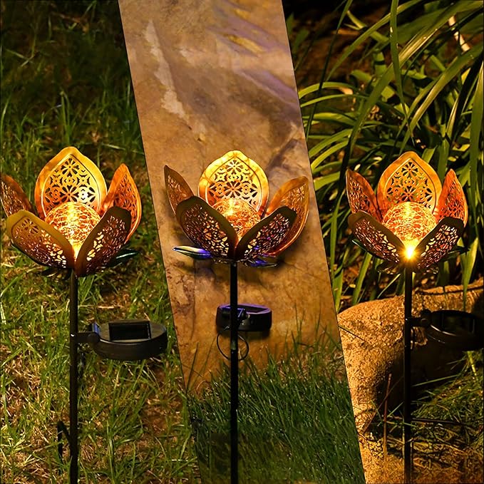 2Pack Solar Lights Outdoor Garden Decor,LED Lotus Flower Lamp, Metal Tulip Solar Lawn Lamp for Courtyard Decoration, Garden Gifts for Women