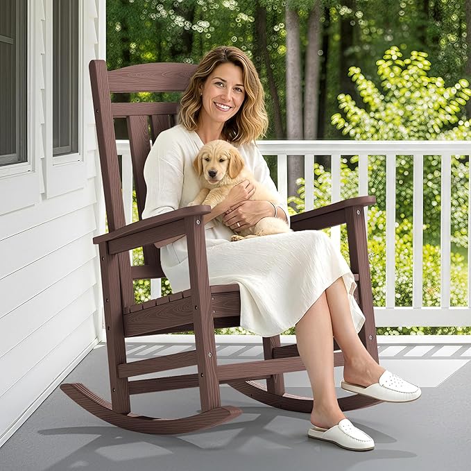 SERWALL Oversized Outdoor Rocking Chair, All-Weather Patio Rocking Chair, HDPE Porch Rocker for Adults, Coffee