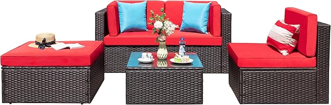 Vongrasig 5 Pieces Small Patio Furniture Sets, All-Weather Outdoor Sectional Patio Sofa Wicker Rattan Patio Seating Sofas with Cushion and Glass Table (Red)
