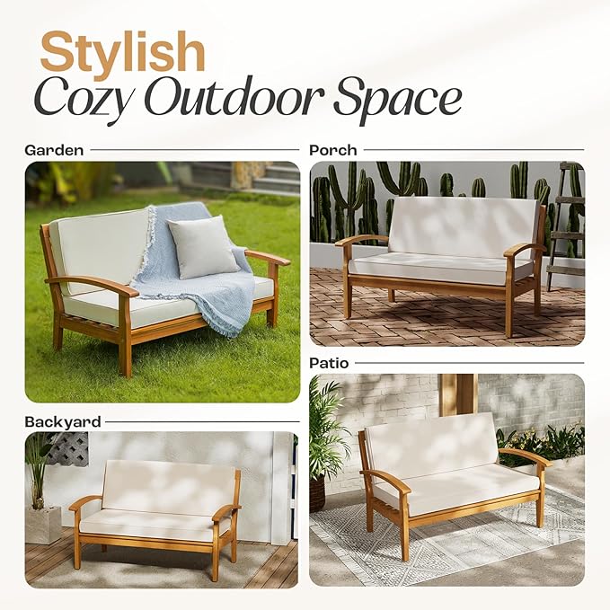 Idzo Laurent 800lbs Capacity Acacia Outdoor Loveseat, FSC Certified 2 Seater Patio Sofa with 3.9in Thick Cushions, Teak Finish Porch Couch for Garden Backyard