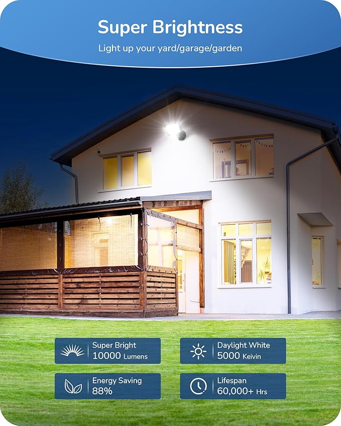 EDISHINE 10000LM LED Flood Light Outdoor,2 Pack 73W Outdoor Security Light, 5000K Daylight White, IP65 Waterproof Flood Lights for Garage, Backyard, Patio, Garden, Porch, Stair