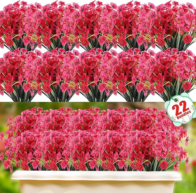 22 Bundles Artificial Flowers Outdoor Fake Plants, Faux Flowers UV Resistant with Plastic Plants, Faux Silk Flowers for Outdoors Outside Front Porch Hanging Planter Window Garden Decoration(Rose Red)