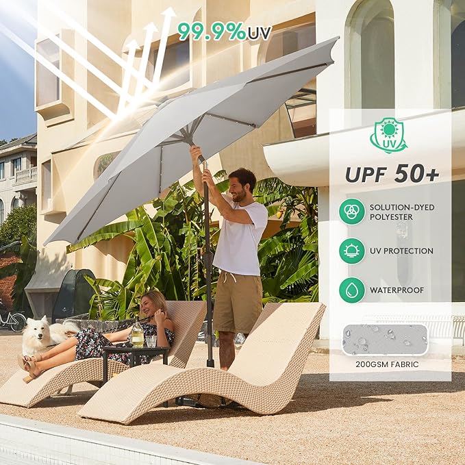 JEAREY 9FT Outdoor Patio Umbrella with Solar Lights, LED Lighted Pool Umbrella with Tilt and Crank, Outdoor Table Umbrellas for Deck, Yard & Market (Light Grey)