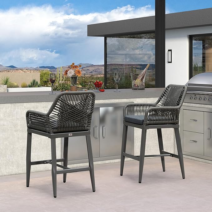 PURPLE LEAF Outdoor 24" Counter Height Bar Stools Chair Set of 2, All Weather Rattan and Aluminum Patio Bar Stool with Cushion for Indoor and Outdoor, Kitchen Island, Smoke Grey