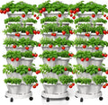 7 Tiered Strawberry Planters 3 Pack, Vertical Stackable Planter, Herb Stacking Tower Garden, Flower and Vegetable Planters with Support Pole Indoor & Outdoor with Removable Wheels - White