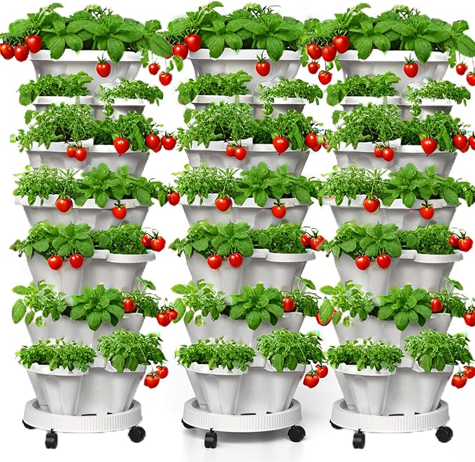 7 Tiered Strawberry Planters 3 Pack, Vertical Stackable Planter, Herb Stacking Tower Garden, Flower and Vegetable Planters with Support Pole Indoor & Outdoor with Removable Wheels - White