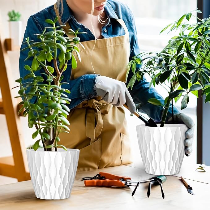 6 Pack 7 Inch Indoor Plant Pots with Drainage Holes, Outdoor Plastic Decorative Flower Pots, Garden Planters with Tray Saucers for Orchids, Violets, Succulents, Herbs, and Other Plants