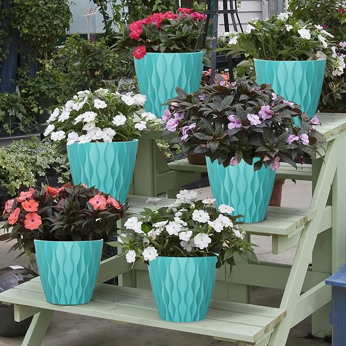 6 Pack 7 Inch Indoor Plant Pots with Drainage Holes, Outdoor Plastic Decorative Flower Pots, Garden Planters with Tray Saucers for Orchids, Violets, Succulents, Herbs, and Other Plants