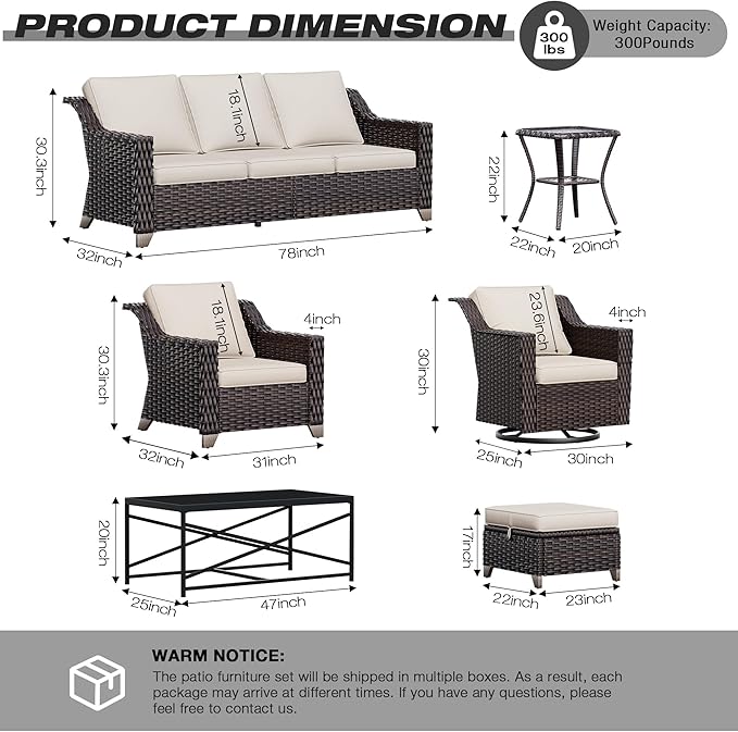 Joyside Wicker Patio Furniture Sets, 8 Pieces Upgraded Large Size Outdoor Furniture with 4 Swivel Rocking Patio Chairs, 3-Seat Sofa, Fire Table, Coffee Table, Thick Cushions, Wide Armrest, Beige