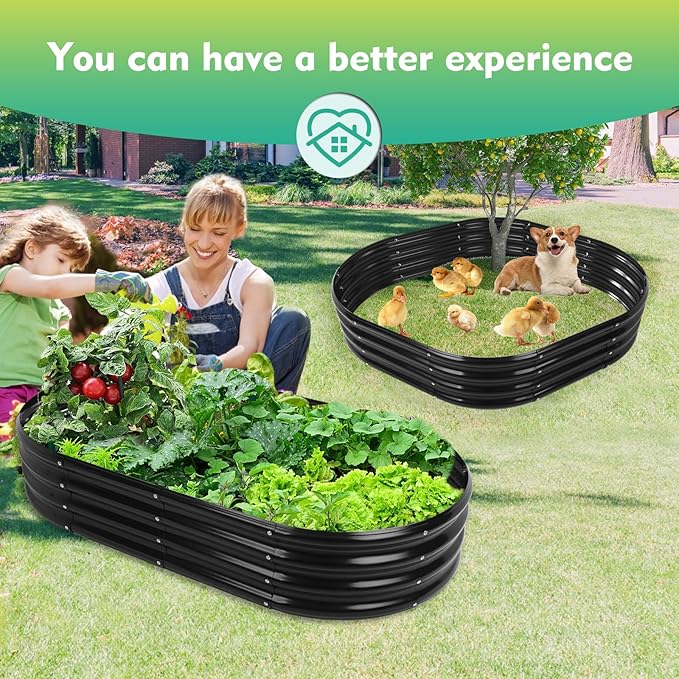 5X2.7X1 FT Oval Galvanized Metal Garden Raised Bed/Plant Box for Planting,32 Inches Diameter Iron Fire Pit Ring,Small Animal Fence-3 in 1 Modular Design in Black (Black, 60X32X11.5 Inches)