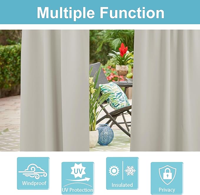 RYB HOME Outdoor Curtains for Patio Waterproof - Blackout Thermal Insulating Outside Deck for Gazebo Pavilion Pergola Arbor Sun Room, W 52 x L 95 inch, 1 Panel, Natural