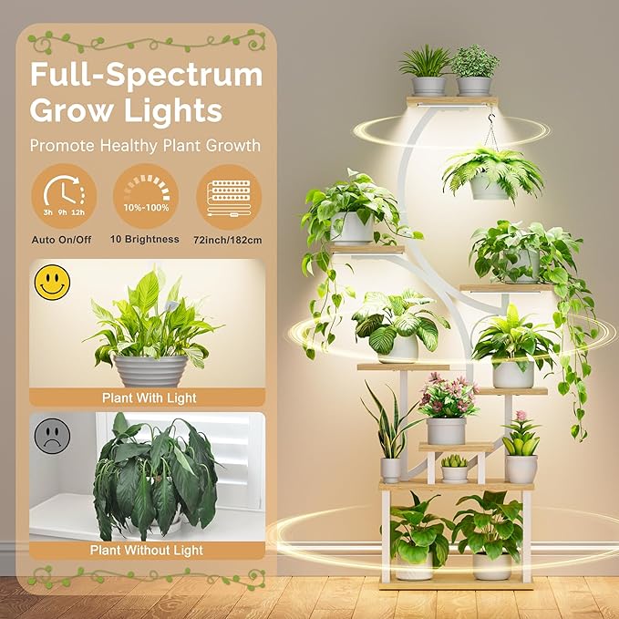 Plant Stand Indoor with Grow Lights - 62" Tall Plant Shelf, Lighted Corner Plant Stands for Indoor Growing, 8 Tiered Large Flower Holder, S-Shaped Plants Rack for Living Room, Patent Design, Natural