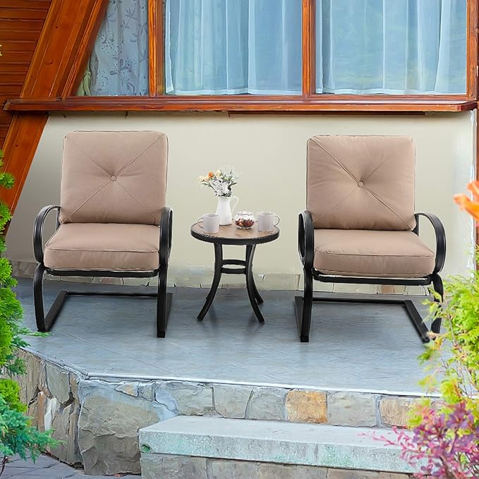 PHI VILLA Outdoor Round Side Table, 19" Small Metal End Table with Wood-Lile PVC Top for 2, All Weather Coffee Bistro Table for Patio, Deck, Porch, Balcony, Indoor
