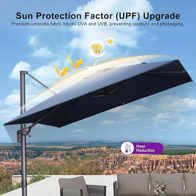 PURPLE LEAF 8 FT Outdoor Umbrella with Base Patio Cantilever Aluminum Umbrella with 3 Years Fade Resistance Recycled Fabric Offset Square with 360-degree Rotation for Deck Pool Garden, Ocean Slate