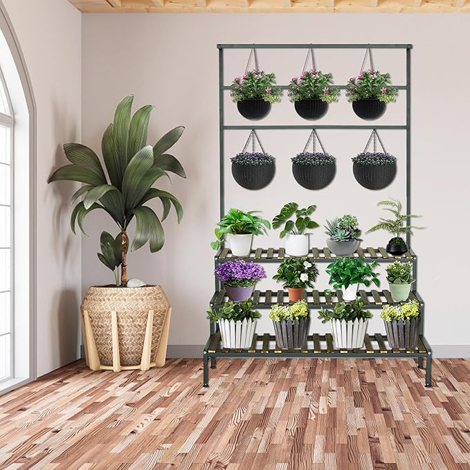 Large Plant Stand Indoor Outdoor, 3 Tier Heavy Duty Hanging Plant Stand with Bar, 60 Inch Tall Metal & Wood Ladder Shape Plant Shelf, Black Plant Display Rack Plant Shelves for Garden Patio Balcony