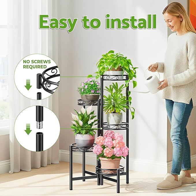 Metal Plant Stand Indoor Outdoor, 5 Tier 5 Potted Multiple Plant Shelf Stands, Wrought Iron Flower Holder Shelf, Folding Tall Rack Shelf for Patio, Balcony, Corner Living Room - BlackCircle