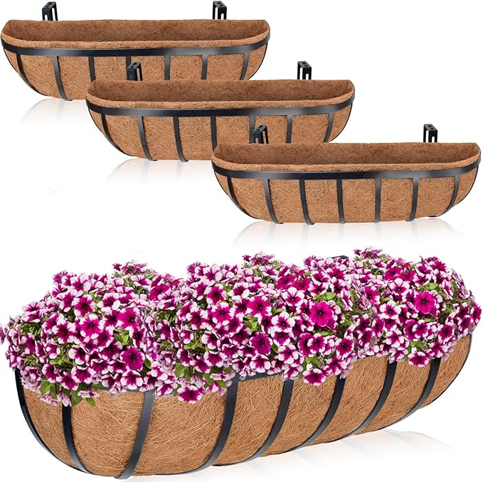 ZeeDix 4 Pack 24 Inch Railing Planter Box, Metal Window Boxes with Coco Liners for Railing, Hanging Flower Boxes for Deck Porch Balcony & Fence Outdoor Indoor Lawn