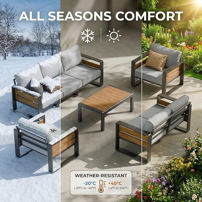 ZANDOR Outdoor Patio Conversation Sets, 4-Piece Aluminum Metal Outside Sectional Lawn Furniture with Coffee Table & Washable Thick Cushions,Seating Sofa for Garden/Backyard/Porch, Grey