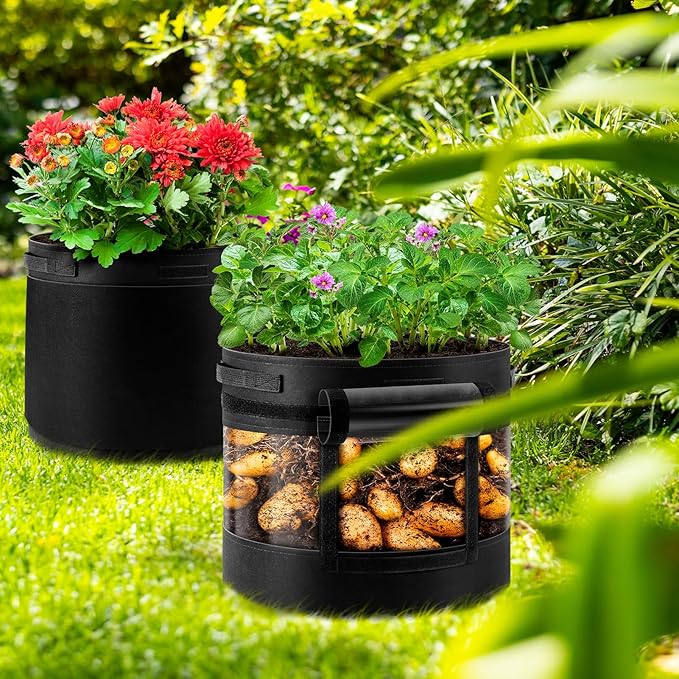 3 Pack 20 Gallon 360° Visibility Potato Grow Bags with Shading Flap, Plant Grow Bags for Growing Potatoes Heavy Duty Thickened Nonwoven Fabric Gardening Vegetable Growing Bags with Harvest Window