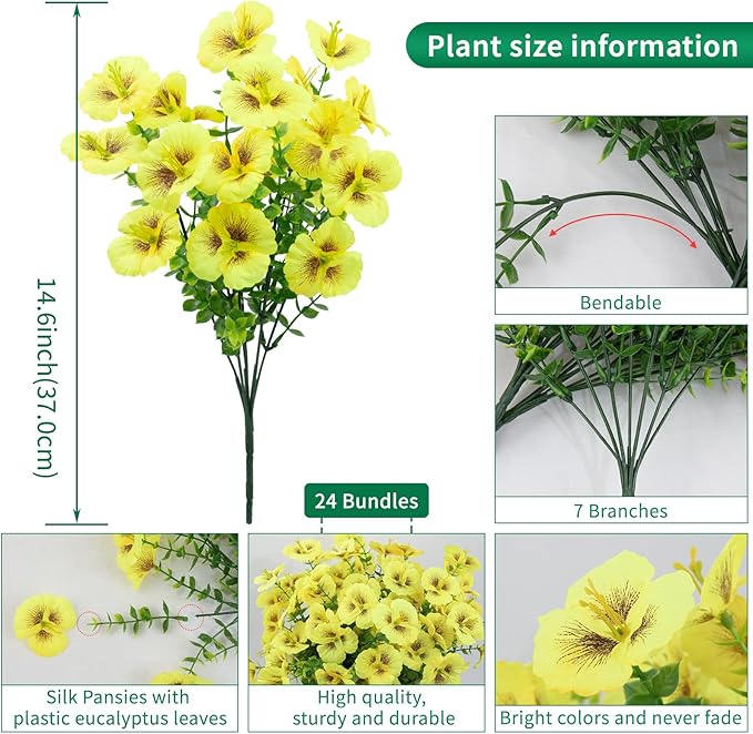 24 Bundles Artificial Pansy Flowers for Outdoor, Faux Silk Pansies Spring Flowers Outside for Planter Front Door Porch Patio Yard Window Box Home Decor (Yellow)