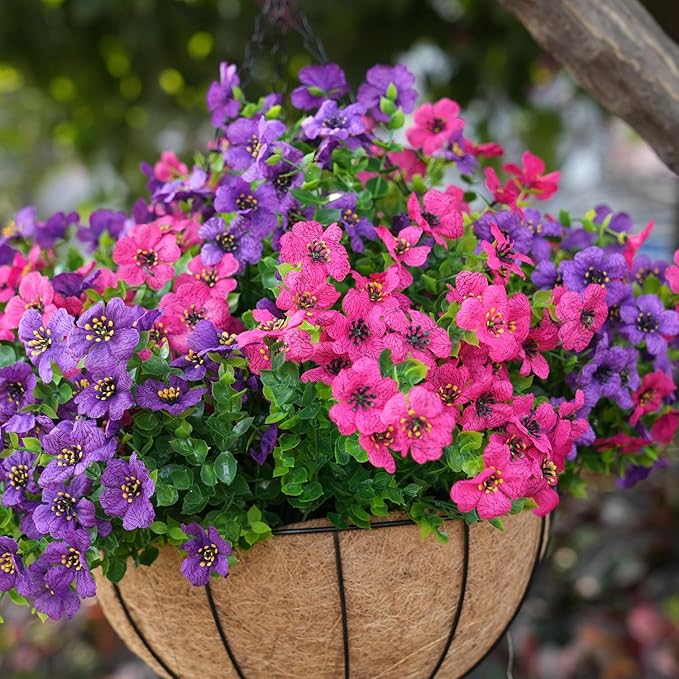 Artificial Flowers for Outdoor, UV Resistant Fake Silk Flowers, Realistic Faux Plants for Outside Indoor Porch Patio Window Box Planter Home Decor (14, Purple Rosy)