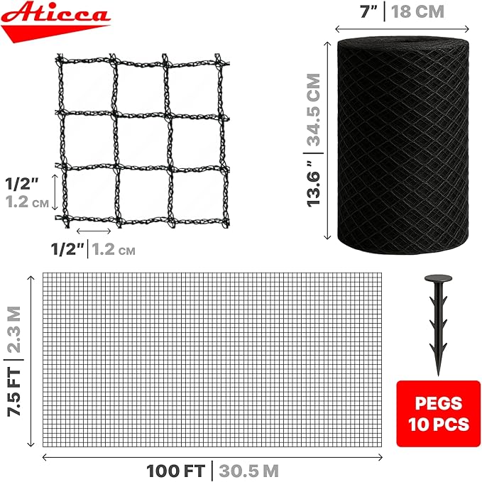 Heavy Duty Bird Netting for Garden Protection & Fruit Trees, 7.5x100 Ft with 10 Stakes – Black Anti-Bird Net for Poultry, Deer, & Squirrel Protection, Durable Nylon Mesh for Garden and Yard Use