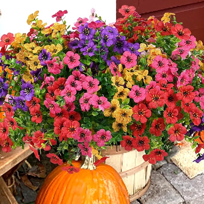 Artificial Flowers for Outdoor, UV Resistant Fake Silk Flowers, Realistic Faux Plants for Outside Indoor Porch Patio Window Box Planter Home Decor (14, Yellow Purple Rosy Red)