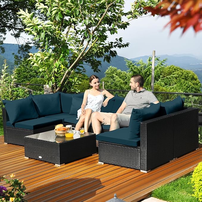 Tangkula 7 Piece Patio Furniture Set, Outdoor Wicker Sectional Sofa with Pillows and Cushions, and Coffee Table, Patio Conversation Set for Garden, Lawn (Peacock Blue)