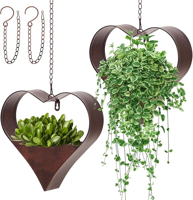 2 Pack Metal Plant Hangers Indoor and Outdoor Rustic Heart Shape Hanging Planters Holder Detachable Flower Pot with Hooks Chains Drain Hole Gifts for Valentine Women Mom Garden Lover Home Decor