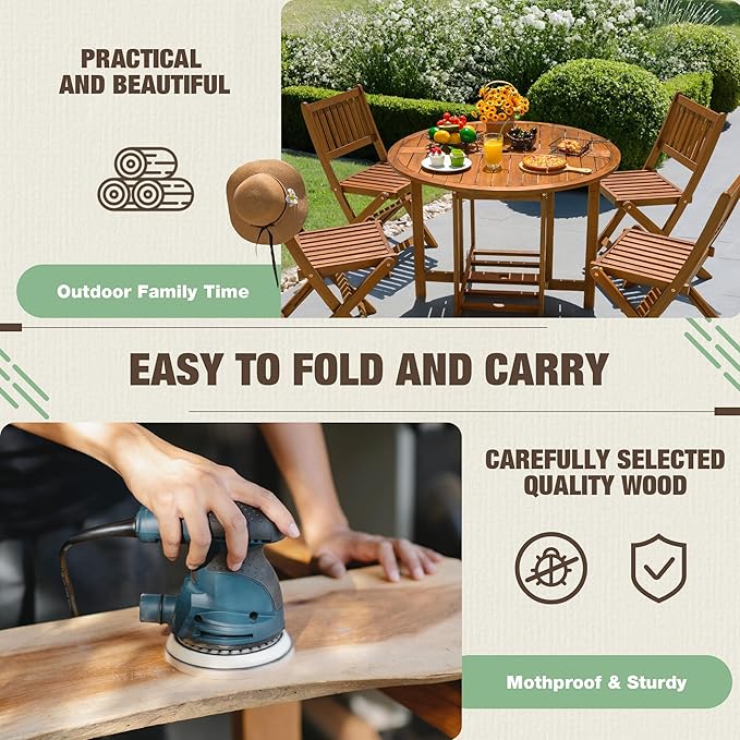 Devoko 5 PCS Patio Furniture, Patio Dining Set Acacia Wood Outdoor Table and Chairs, with 4 Folding Chairs and 37" Round Movable Table, Outdoor Dining Set for Lawn, Balcony, Garden (Light Brown)