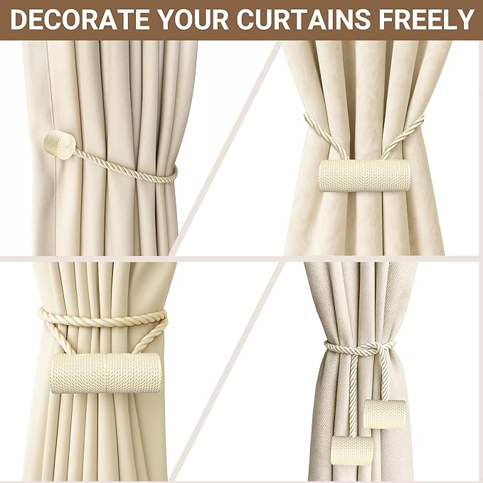Hion Magnetic Curtain Tiebacks Beige 6 Pack, Curtain Tiebacks Buckles Holdbacks Holders Hooks Clip for Home Bedroom Office Decorative Thick or Thin Curtain