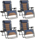 Zero Gravity Chair Set of 4 Oversized Padded Recliner with Adjustable Headrest & Cup Holder - 600D Oxford Folding Lounge Chair for Outdoor Camping, Patio, Poolside (Brown & Blue)