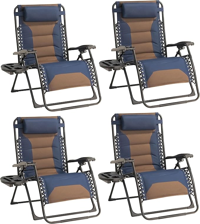 Zero Gravity Chair Set of 4 Oversized Padded Recliner with Adjustable Headrest & Cup Holder - 600D Oxford Folding Lounge Chair for Outdoor Camping, Patio, Poolside (Brown & Blue)